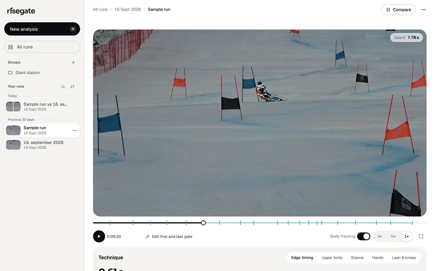 Risegate showing a giant slalom run: the video with the skier's skeleton, a gate readout and a tick for every gate on the timeline.